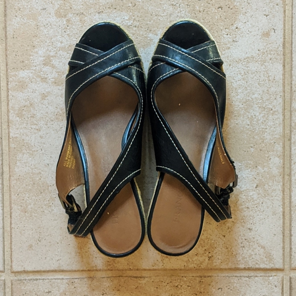Black Franco Sarto Leather Wedge Peep Toe Sandal 7 - Picture 2 of 8